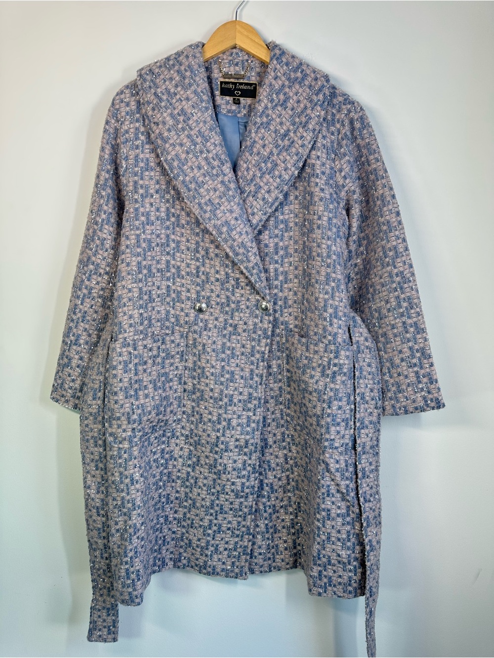 Kathy Ireland NWT Blue Pink Bouclé Tweed Belted Coat Women’s Large - Picture 4 of 5